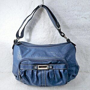 Strada Denim Blue Distressed Faux Leather Convertible Satchel Shoulder Bag